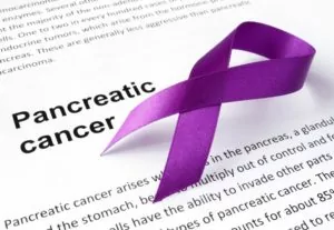 Purple ribbon next to words "Pancreatic cancer"