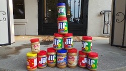 Jif peanut butter stacked in a pyramid